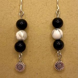 Handmade White Marble, Glossy Black Glass Beads with Silver Daisy | Earrings